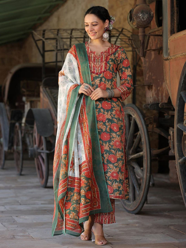 Women Green Floral Pure Cotton Straight Kurta with Pant & Dupatta (Set of 3)