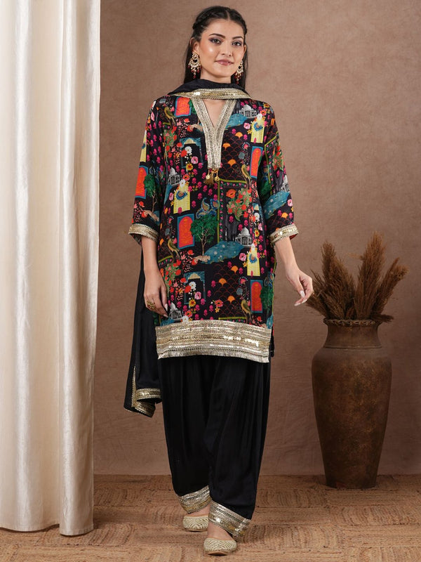Abstract Floral Printed Straight Kurta with Pant & Dupatta - Black (Set of 3)