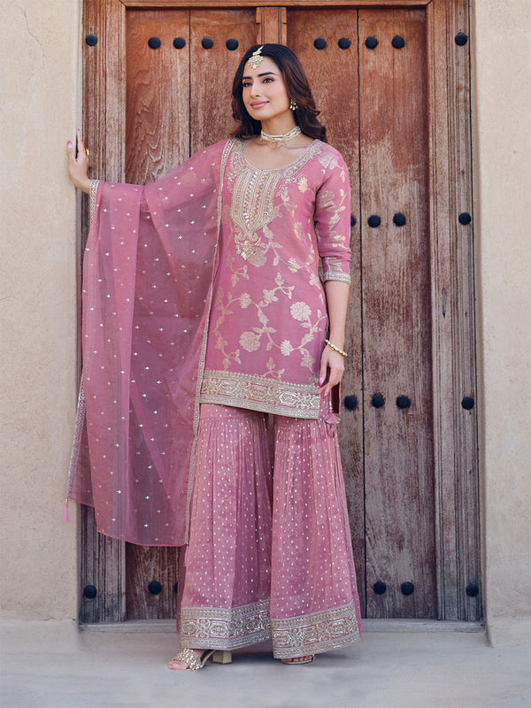 Pink Embroidered Kurti with Sharara and Dupatta (Set of 3)