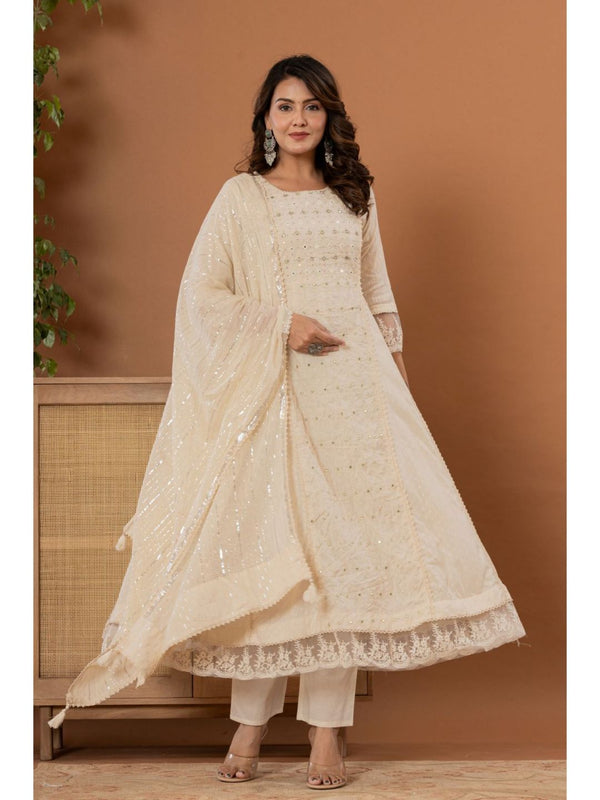Off White Mirror Thread Work Anarkali Kurta with Pant & Dupatta (Set of 3)