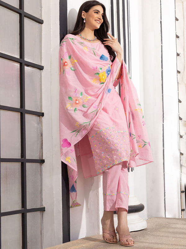 Women Cotton Embroidered Pink Kurta with Pant and Dupatta (Set of 3)