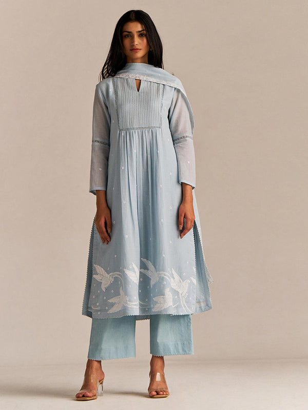Powder Blue Mul-Mul Embroidered Kurta with Pant and Dupatta (Set of 3)