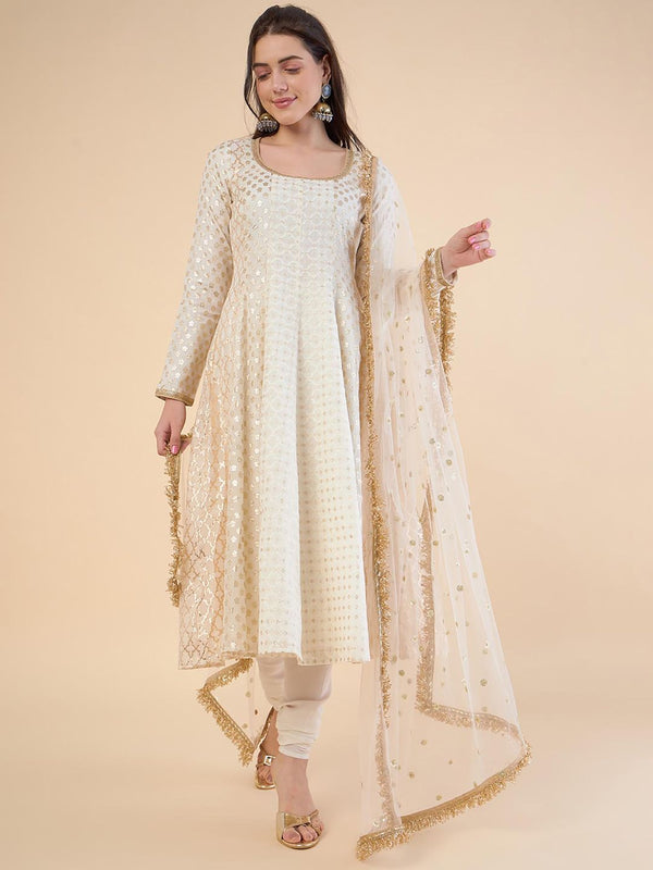 Off White Women Sequinned Chanderi Cotton Kurta with Churidar and Dupatta (Set of 3)