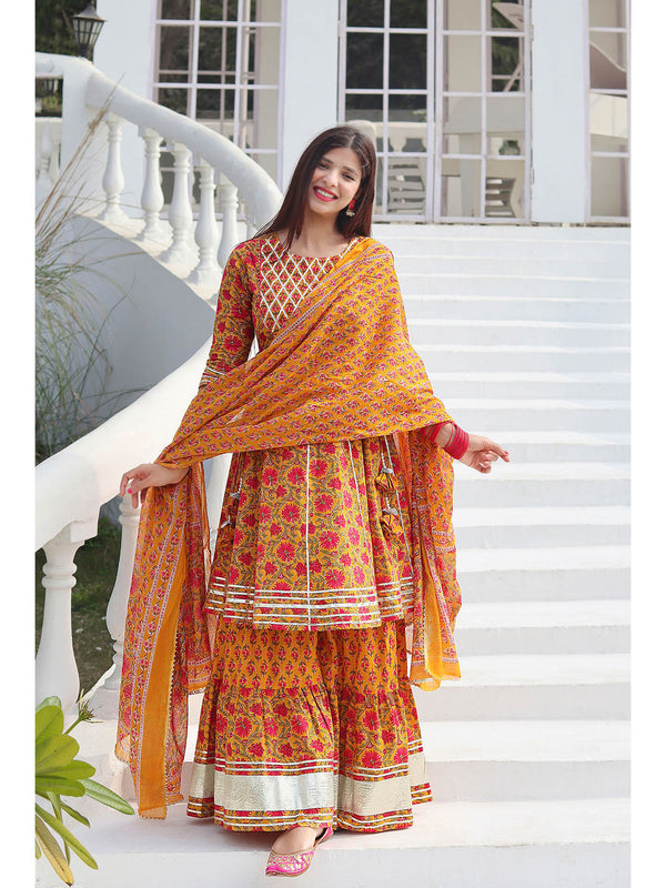 Mustard Hand Block Cotton Kurta Sharara with Dupatta (Set of 3)