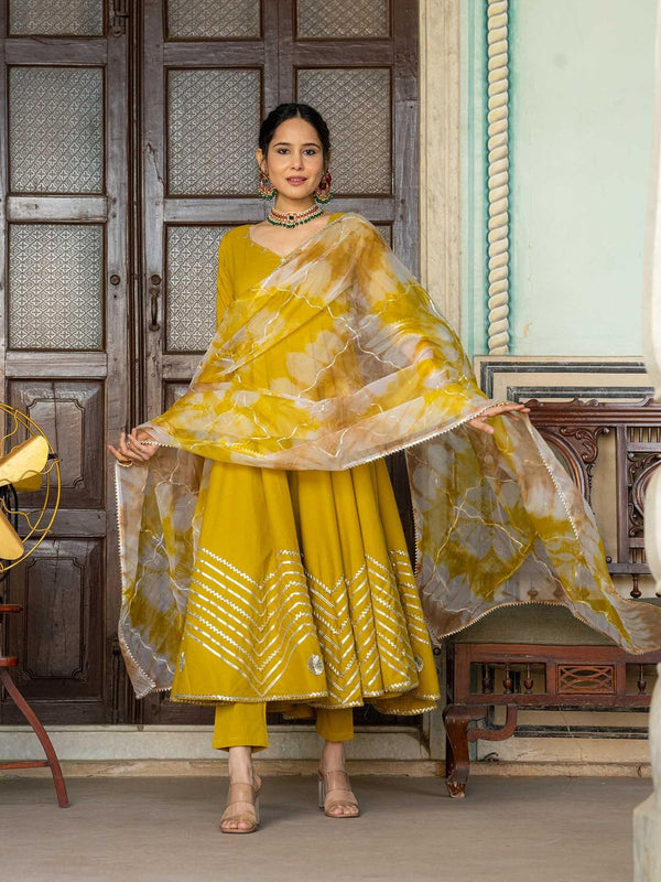Mustard Gotta Work Anarkali with Pant and Dupatta (Set of 3)