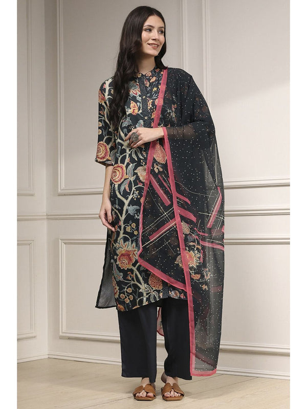 Women Black Printed Kurta and Pant with Dupatta