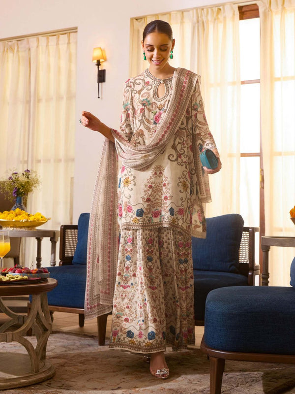 Beige Floral Embroidered Kurti with Sharara and Dupatta (Set of 3)