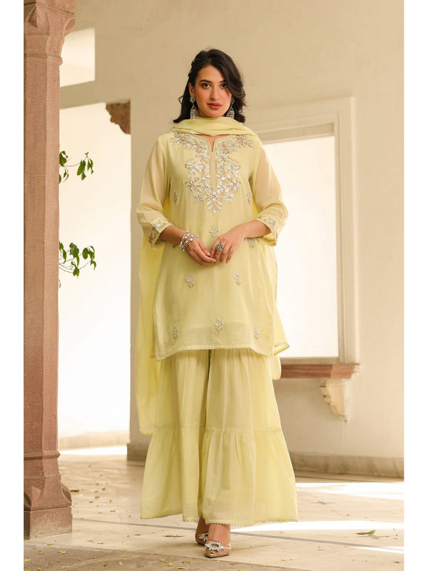 Lime Green Mulmul Gota Patti Embroidered Sharara Set(Set of 3)