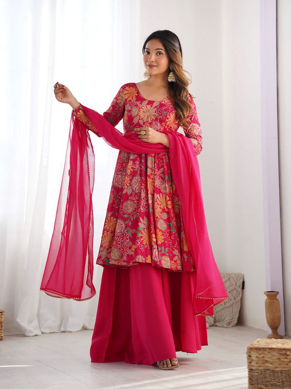 Pink Silk Blend Printed Semi-Stitched Kurta and Palazzo with Dupatta (Set of 3)