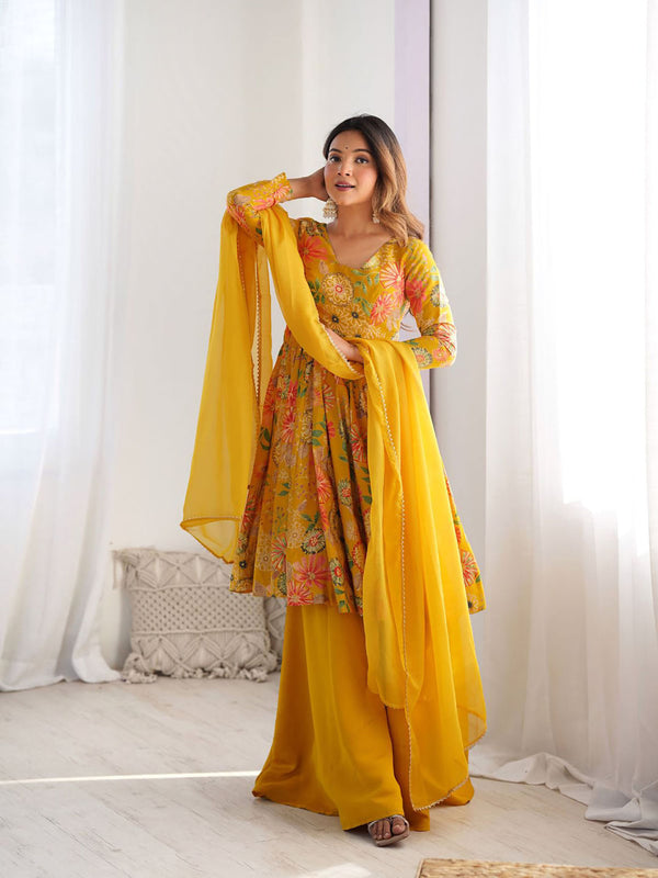Yellow Silk Blend Printed Semi-Stitched Kurta and Palazzo with Dupatta (Set of 3)