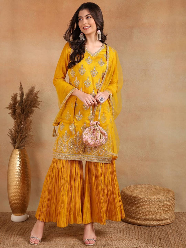 Mustard Silk Blend Embroidered Straight Kurta Sharara with Dupatta (Set of 3)