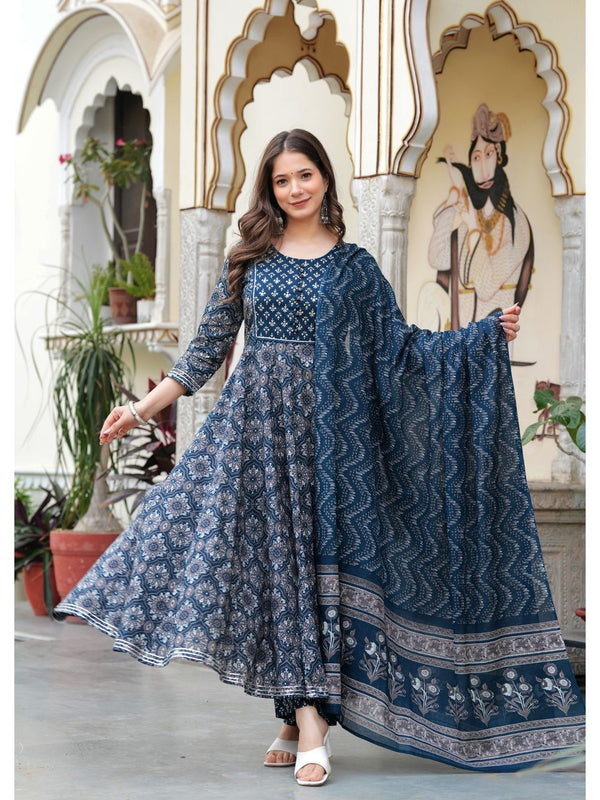 Women Cotton Printed Round Neck Anarkali Kurta and Pant with Dupatta (Set of 3)