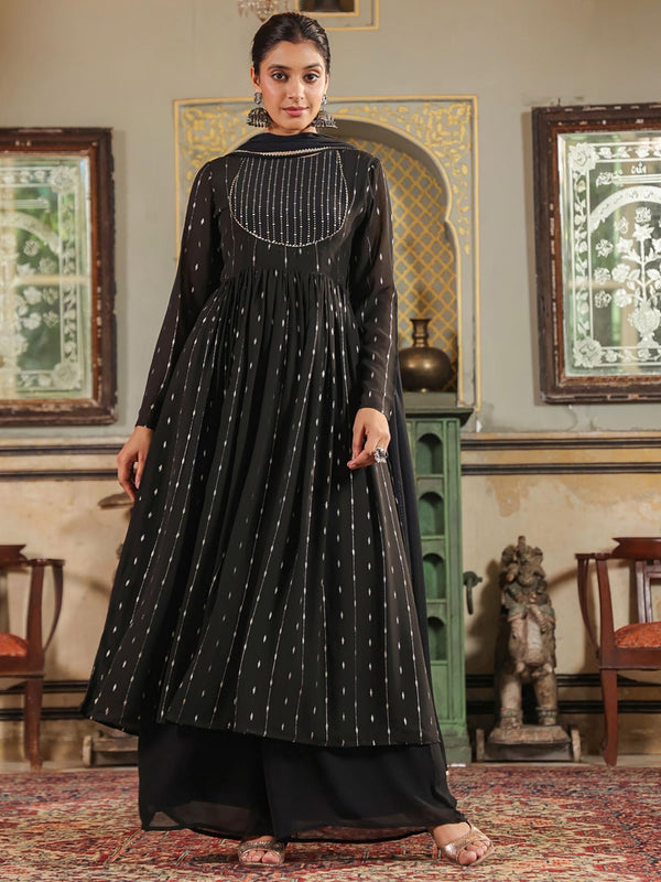 Women's Black Georgette Printed Anarkali Kurta with Pant and Dupatta (Set of 3)