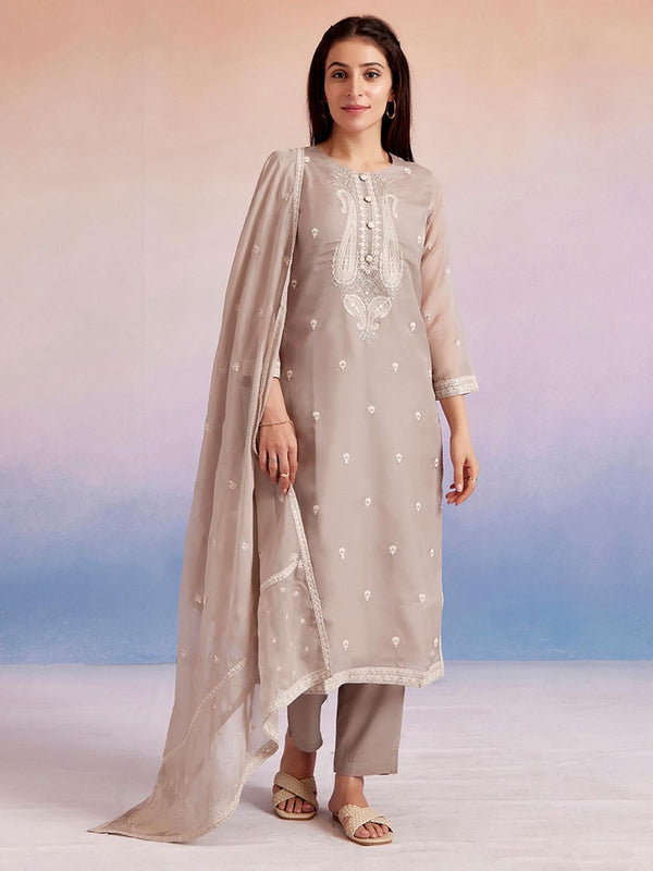Beige Dori Embroidered Festive Kurta with Pant & Dupatta (Set of 3)