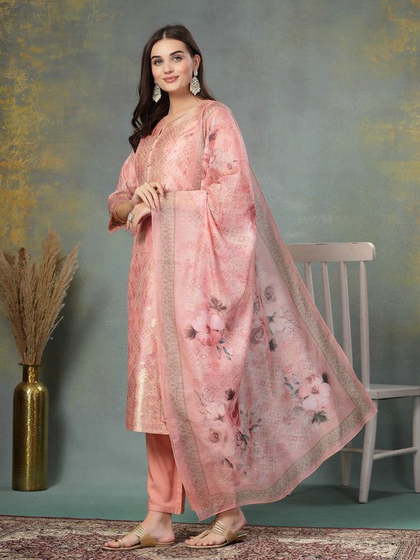 Abstract Printed Straight Chanderi Kurta with Trouser and Dupatta (Set of 3)