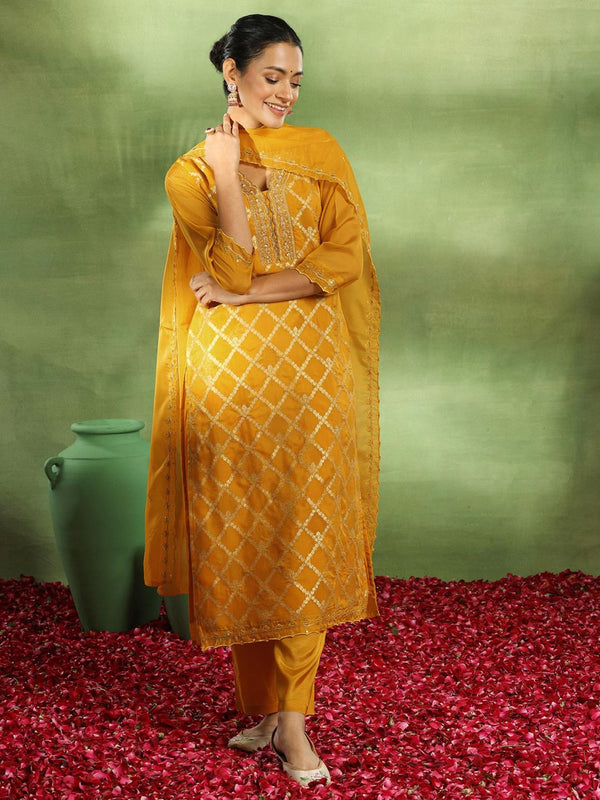 Yellow Woven Design Straight Kurta with Pant & Embroidered Organza Dupatta (Set of 3)