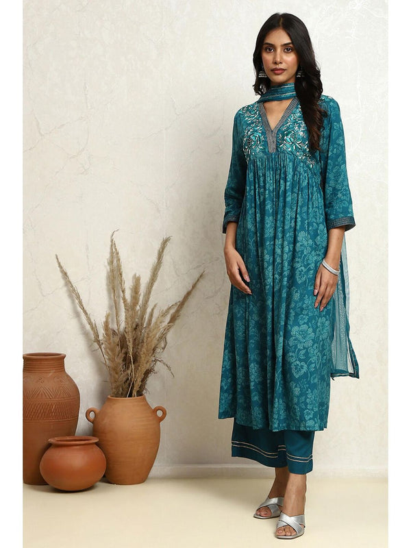 Teal Floral Embroidered Flared Kurta with Palazzo and Dupatta (Set of 3)