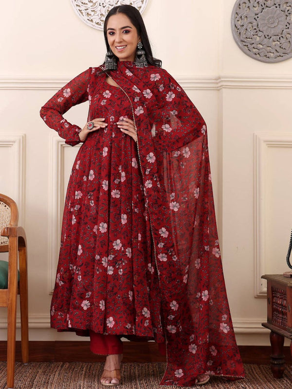 Georgette Floral Printed Flared Anarkali Kurta with Pant and Dupatta (Set of 3)