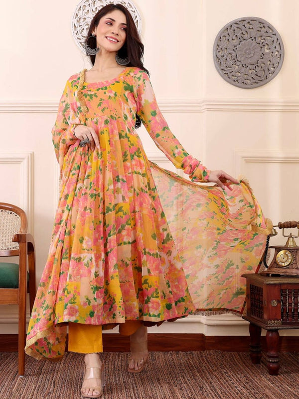 Georgette Floral Printed Flared Anarkali Kurta with Pant and Dupatta (Set of 3)