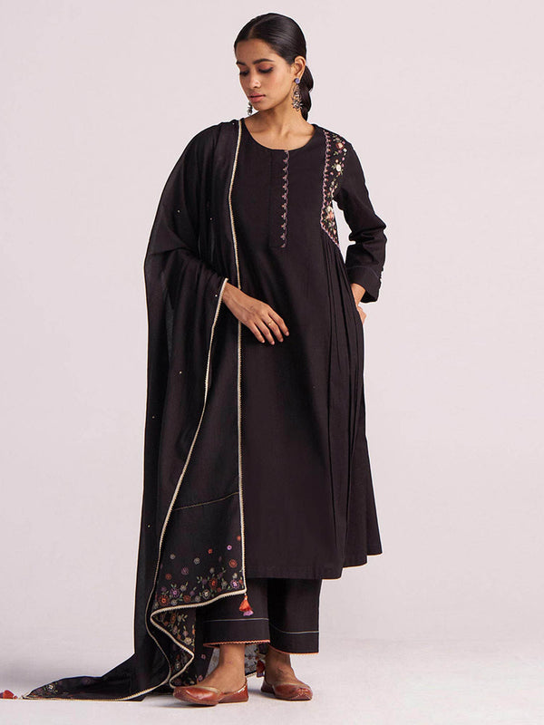 Black Embroidered Kurta With Pant & Dupatta