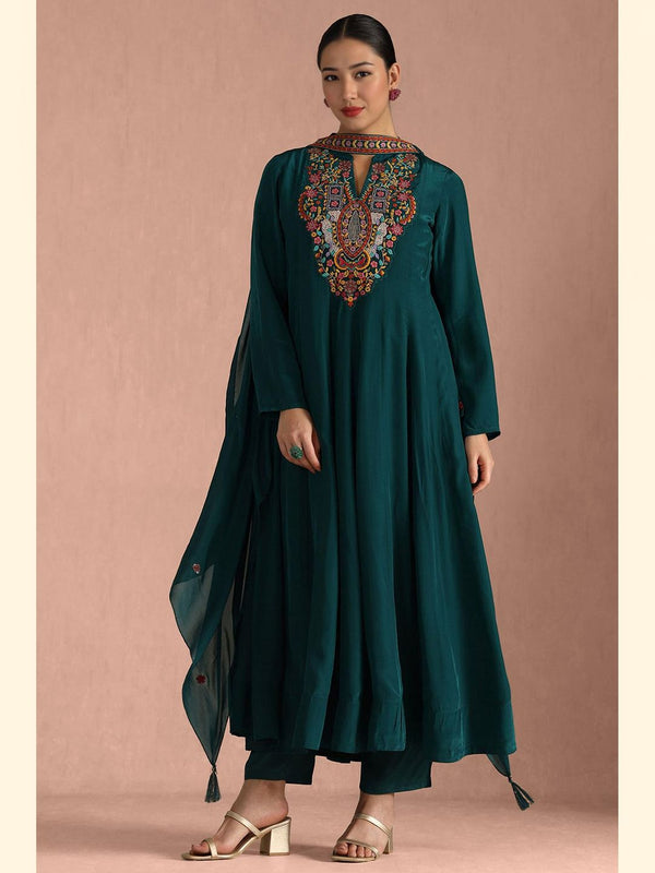 Women Teal Viscose Crepe Floral Print Kurta with Pant & Dupatta (Set of 3)