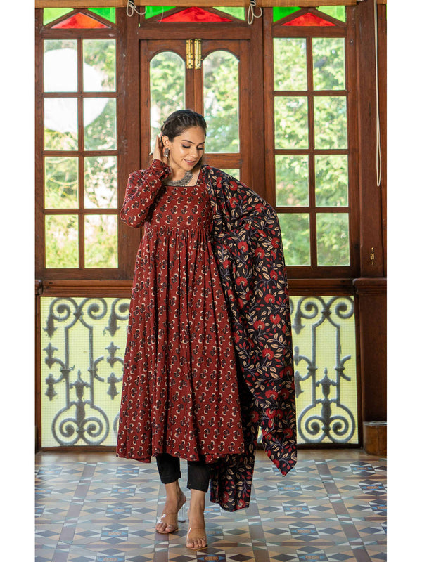 Maroon Pure Cotton Block Printed Anarkali (Set of 3)