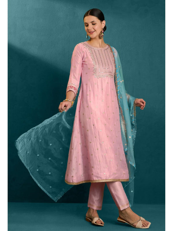 Light Pink Vichitra Zari Sequence Embroidered Kurta with Pant and Dupatta (Set of 3)