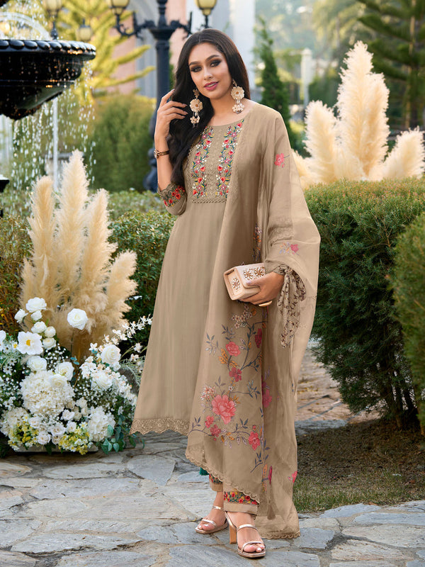 Bronze Viscose Silk Embroidered Kurta with Pant and Dupatta (Set of 3)