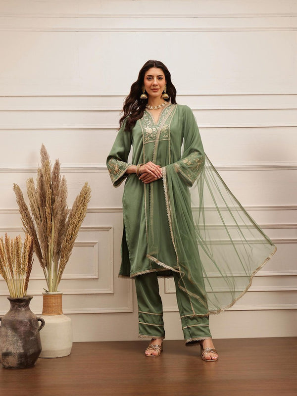 Olive Luxe Embroidered Kurta with Pant and Dupatta (Set of 3)