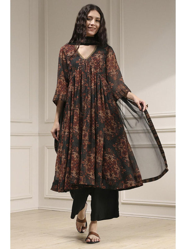Black Gathered Printed Kurta with Pant and Dupatta